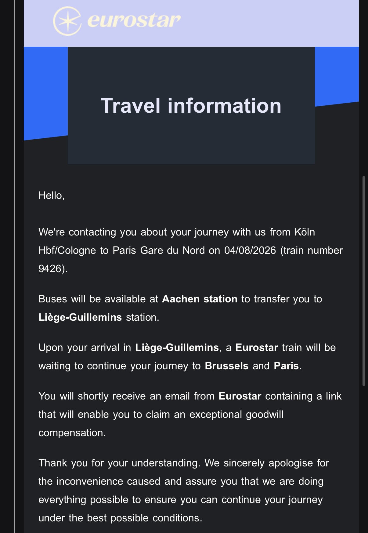 screenshot: the DB email explaining the bus onward routing